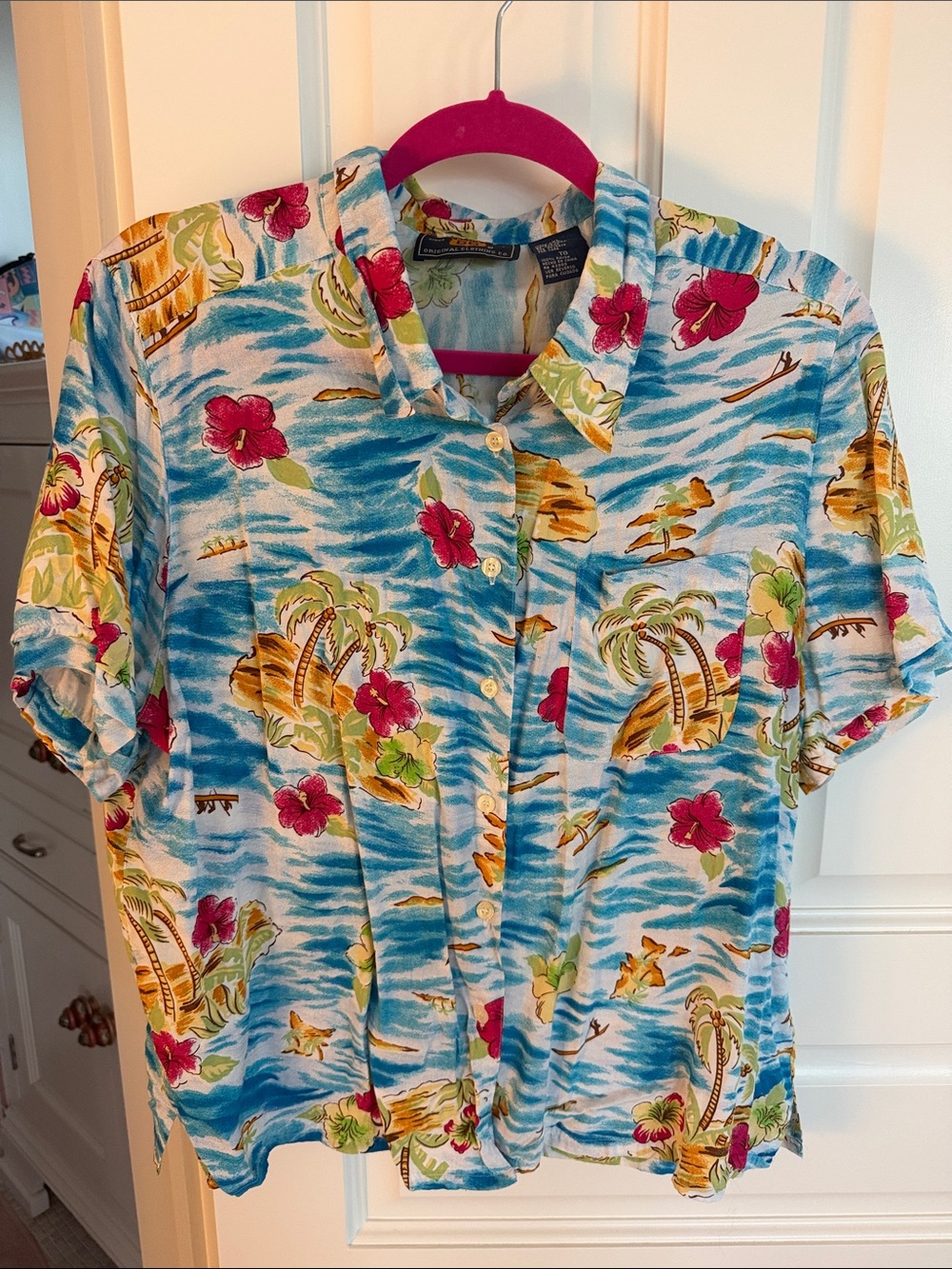 Route 66 Blue Tropical Button-Down Shirt with Pink Floral Accents